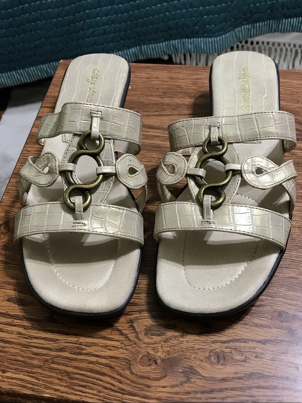 easy street Cream Croc-Embossed Slide Mules with Antique Gold Rings
